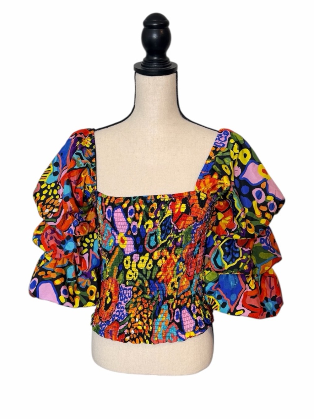 Live 4 Truth Smocked Puff Sleeve Crop Top • Colorful Abstract Boho Festival - M